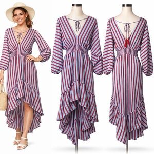 489 Lulus | NWOT Blue Red Striped V-neck Boho Ruffled High-Low Maxi Dress (Sz S)